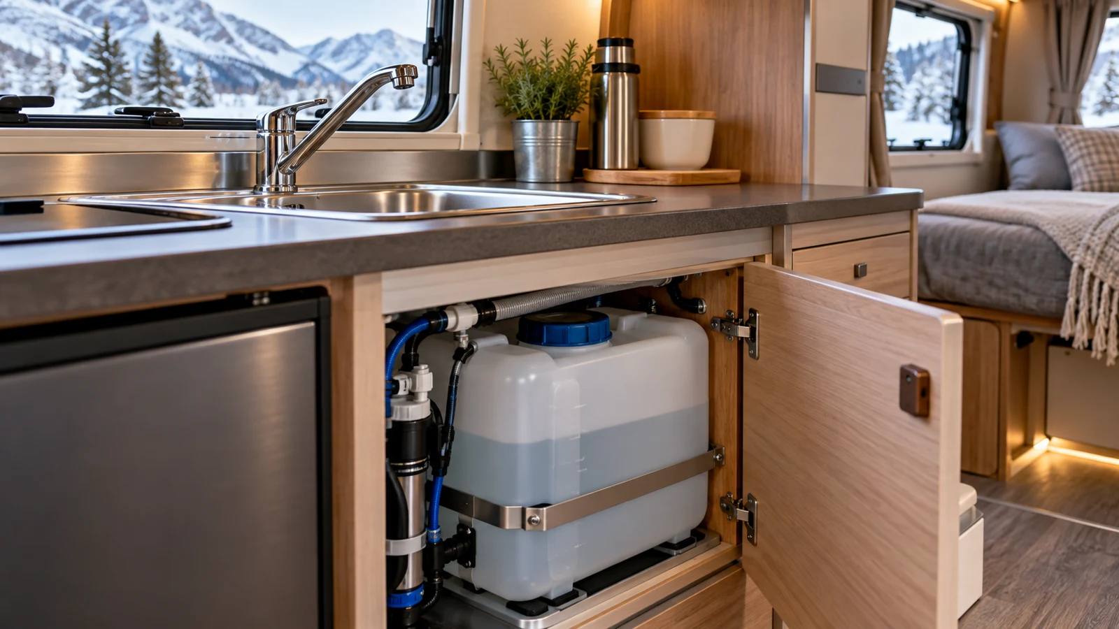 Instalación de agua de una camper con depósito y grifo