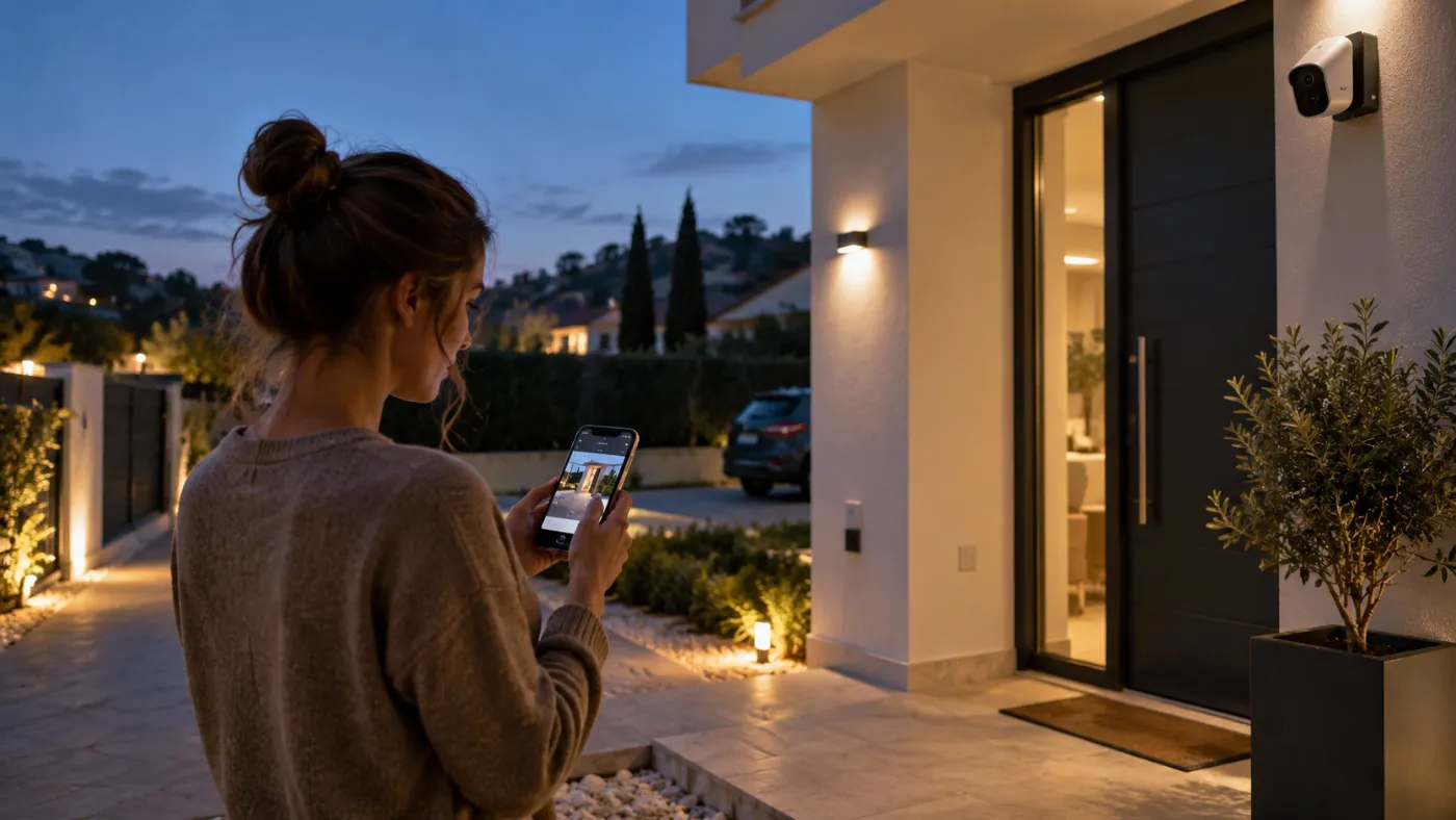 Mujer revisando desde el móvil la alarma de su casa al anochecer