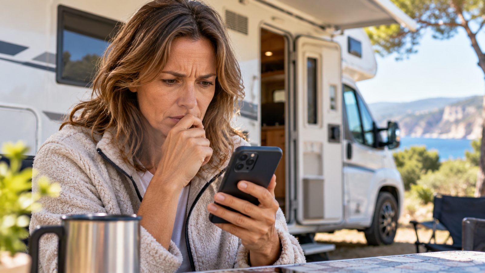 Autocaravanista revisando en el móvil el aviso de renovación de su seguro