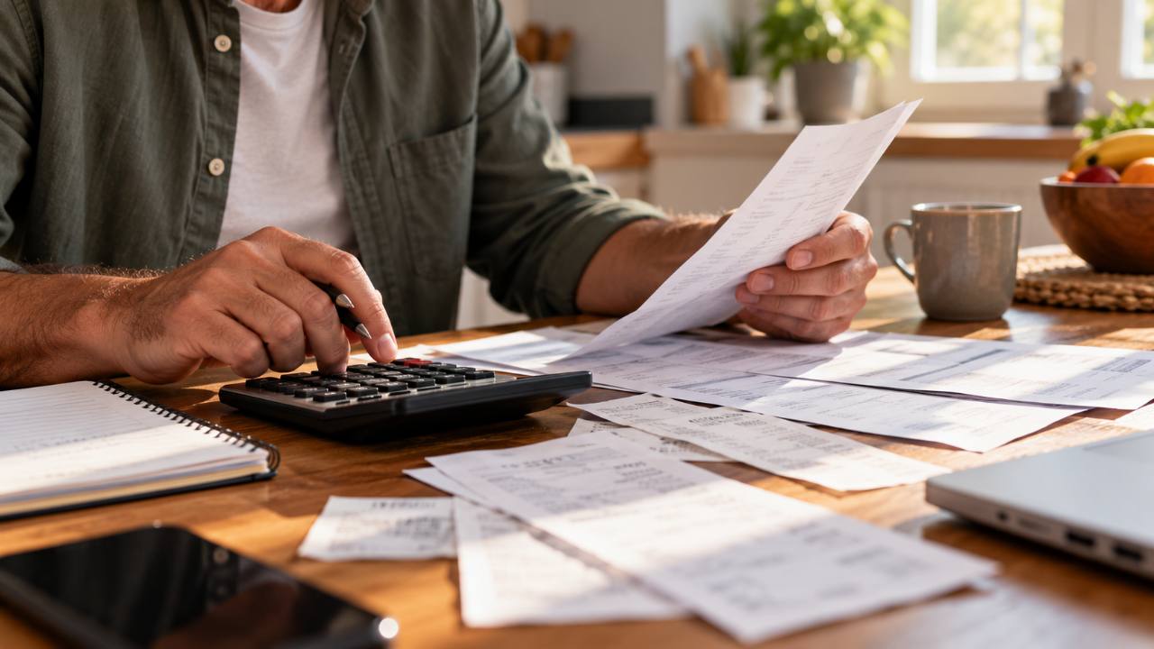 Manos con calculadora y recibos calculando el colchón económico ante una baja laboral