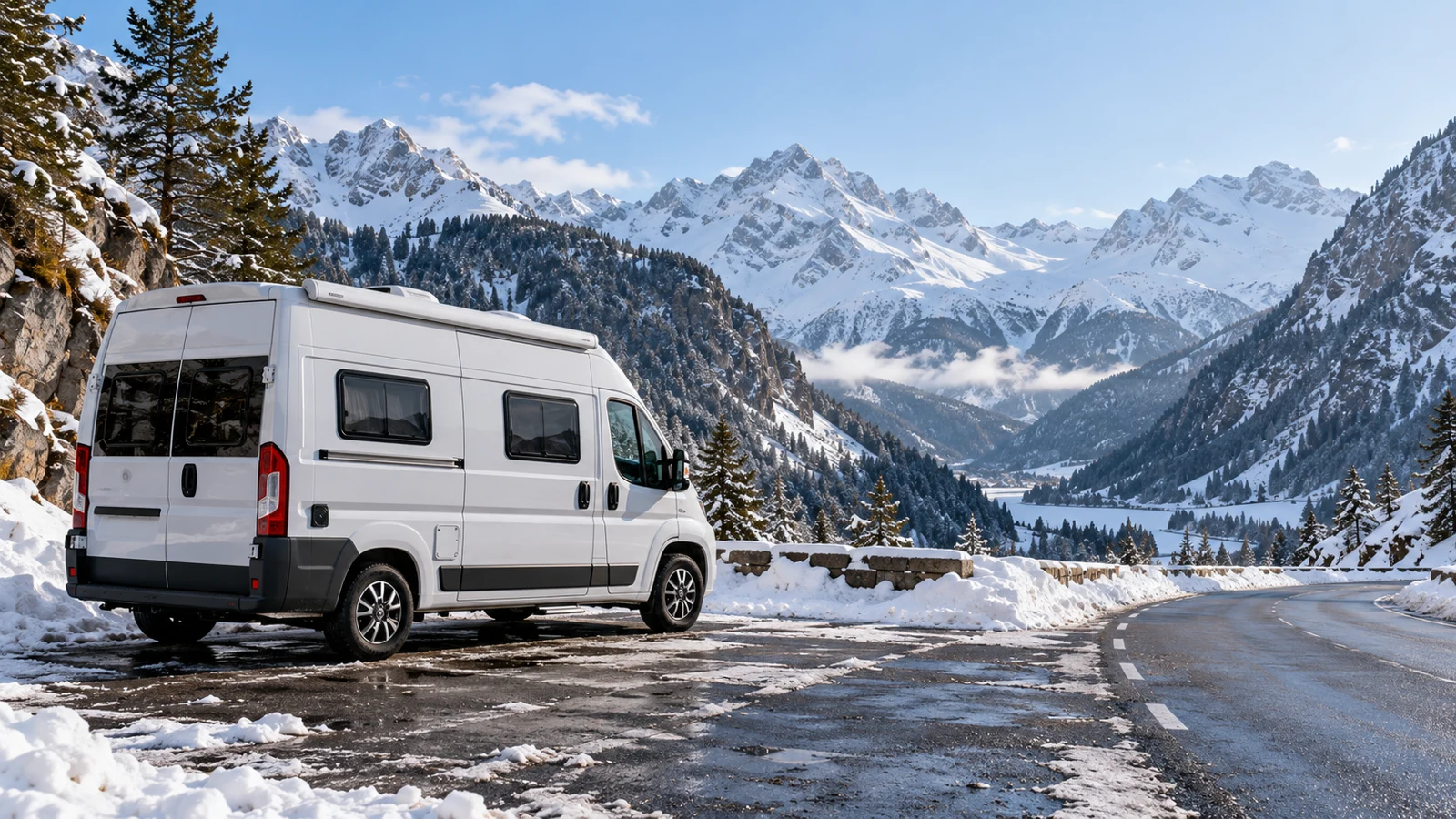 Camper estacionada en un apartadero despejado de una carretera de montaña en invierno