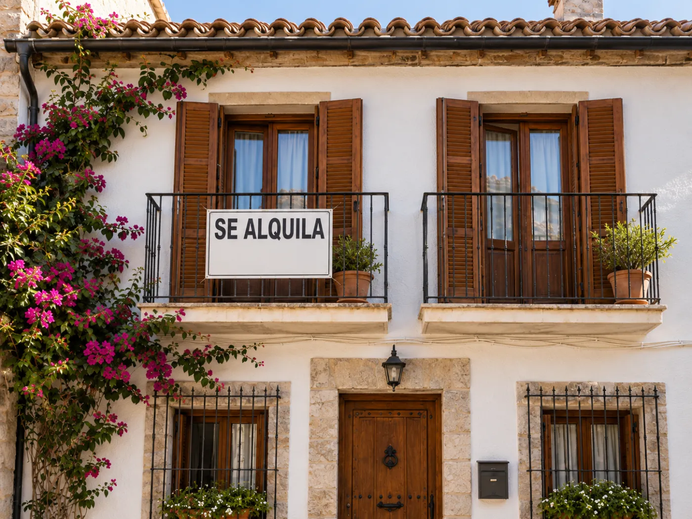 Fachada de una casa de pueblo con el cartel «Se alquila» en el balcón