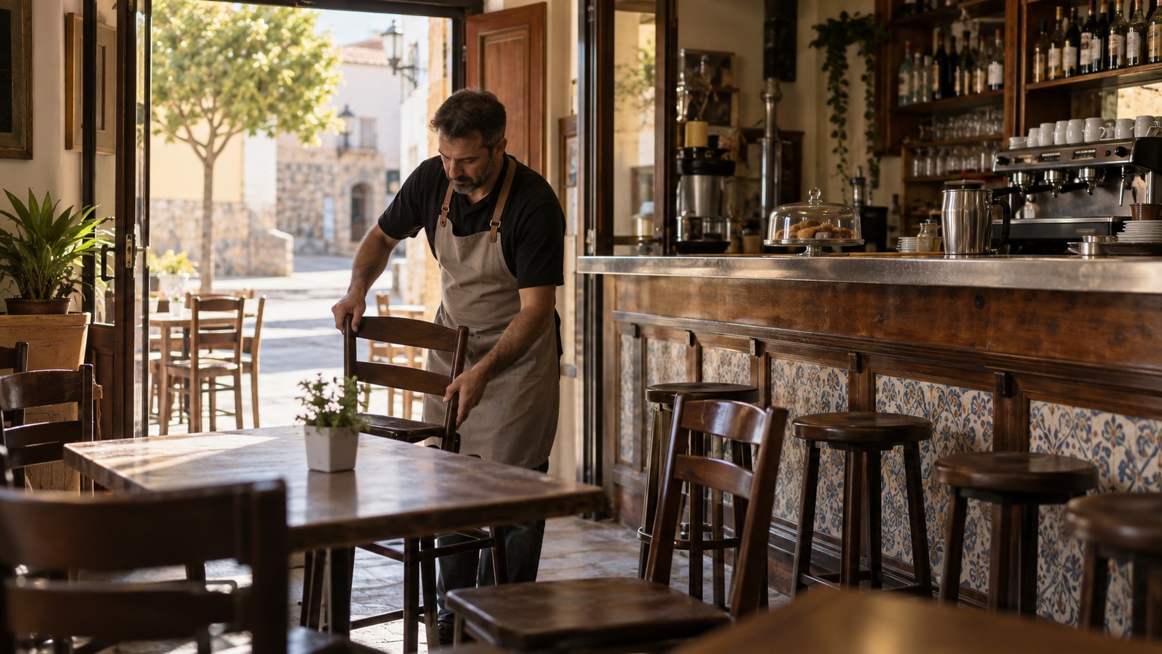 Bar de barrio preparando la apertura