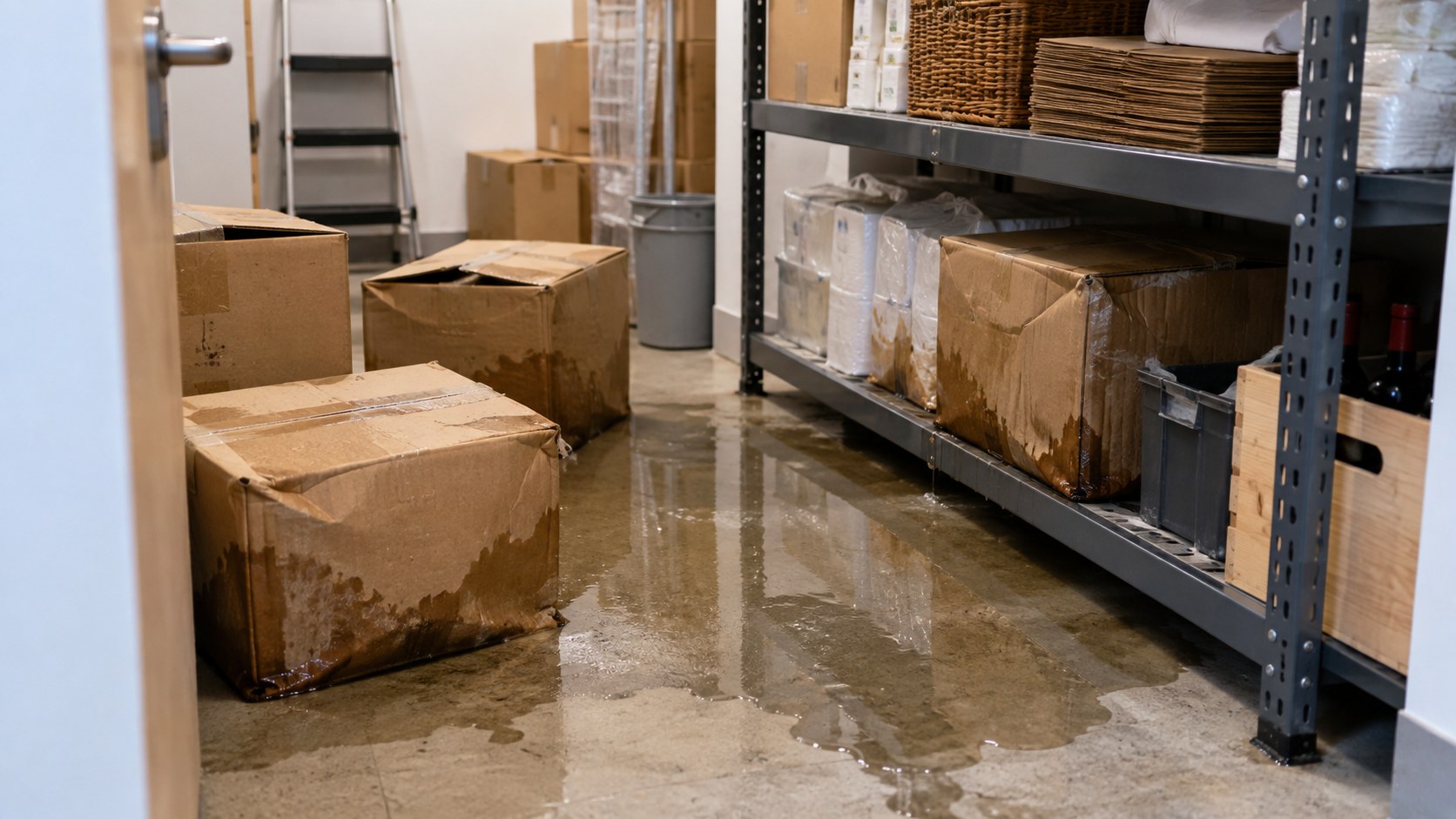 Almacen de un negocio con una fuga de agua y cajas mojadas
