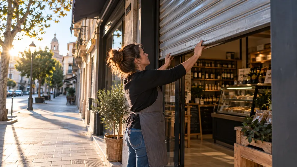 Comerciante abriendo su negocio