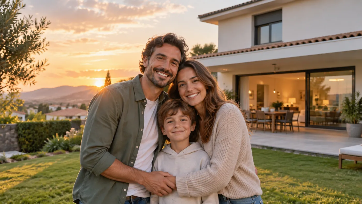 Familia abrazada en el jardín de su casa al atardecer