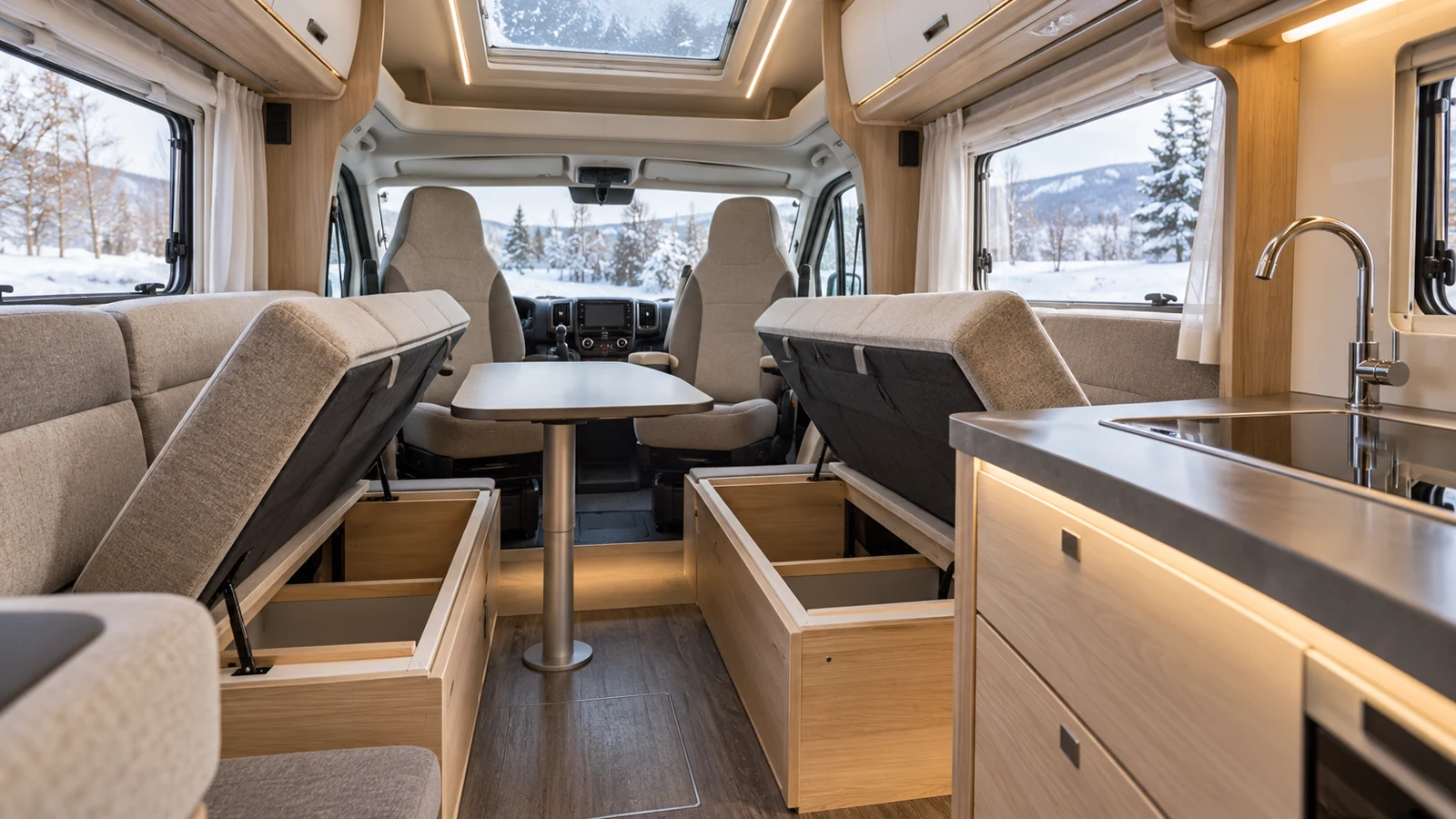 Interior limpio de una camper preparado para favorecer la circulación de aire
