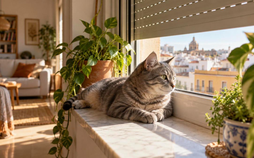 Gato atigrado descansando en la ventana de un piso