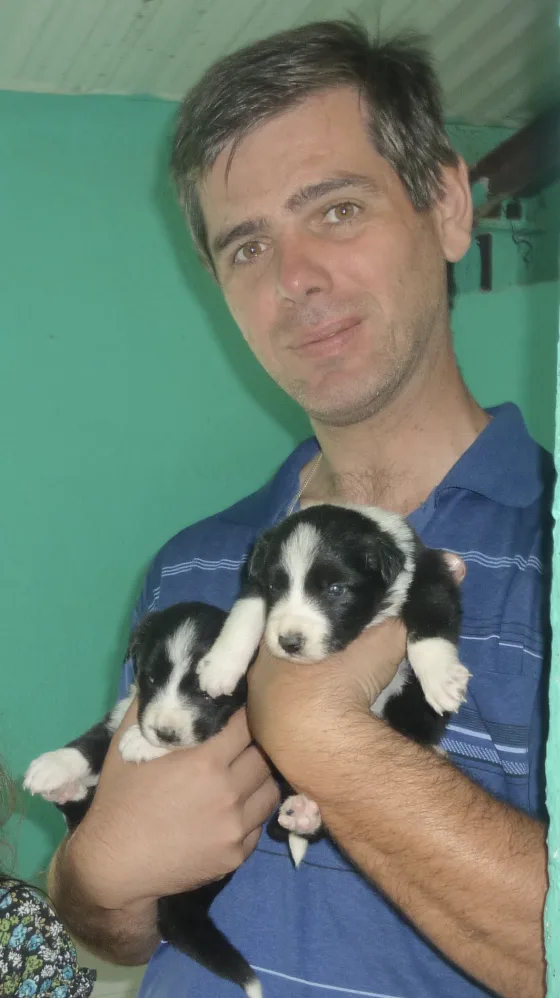 Miguel Arpón con dos cachorros de Border Collie en brazos