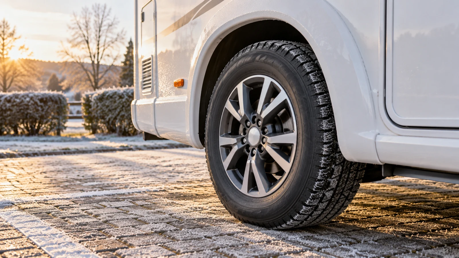 Neumático de autocaravana aparcada en invierno