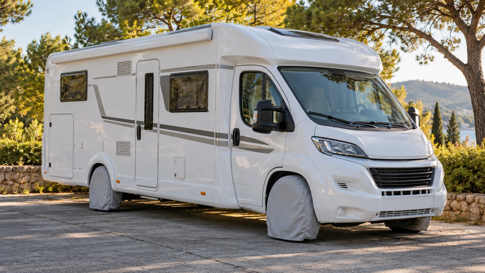 Autocaravana estacionada con fundas protectoras sobre las ruedas