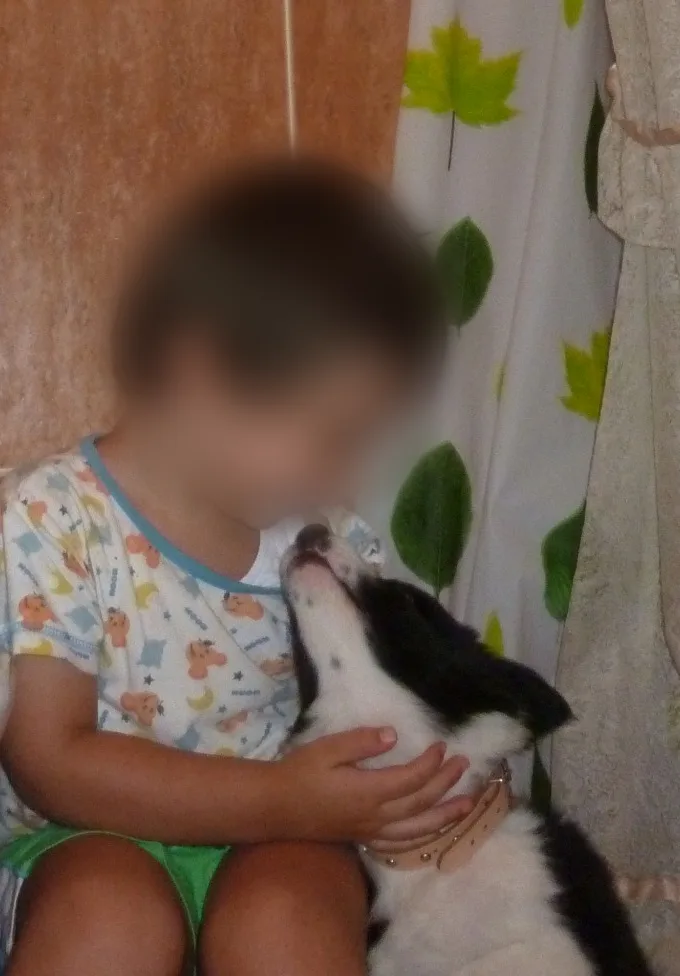 Rayo cachorro dando besos a Rubén de pequeño
