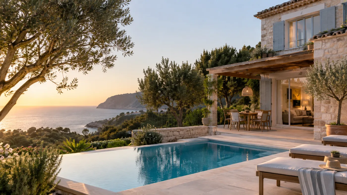 Casa de piedra con piscina frente al mar al atardecer, sin nadie dentro